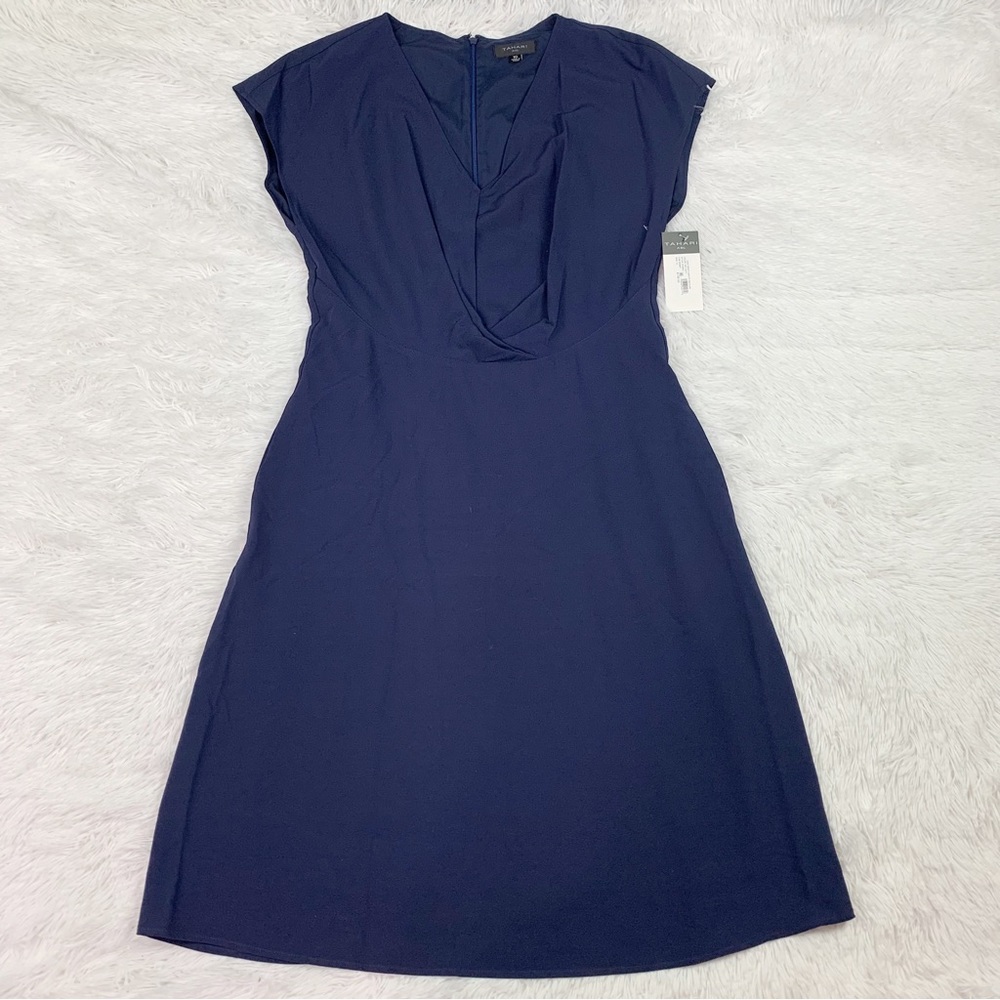 Tahari ASL size 10 short sleeve V-Neck Twist Front Fit & Flare Dress navy blue‎ - Picture 2 of 12